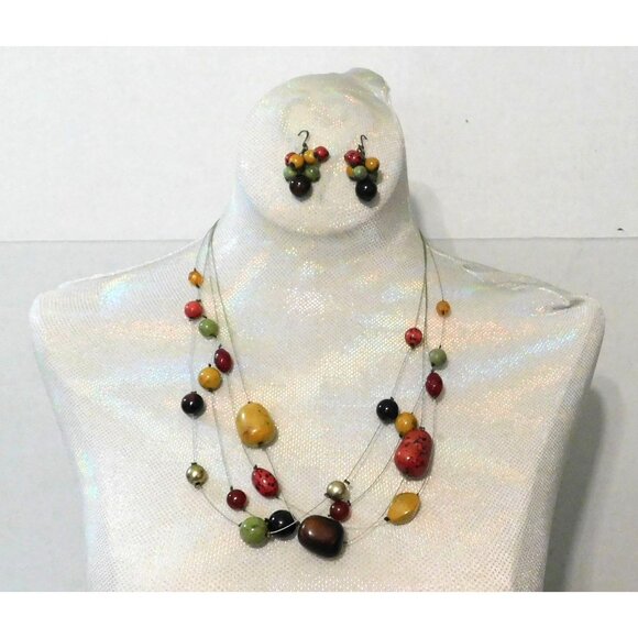 Multicolor Bead Necklace Pierced Earrings Set 4 Strand Wire Adjustable - Picture 7 of 10